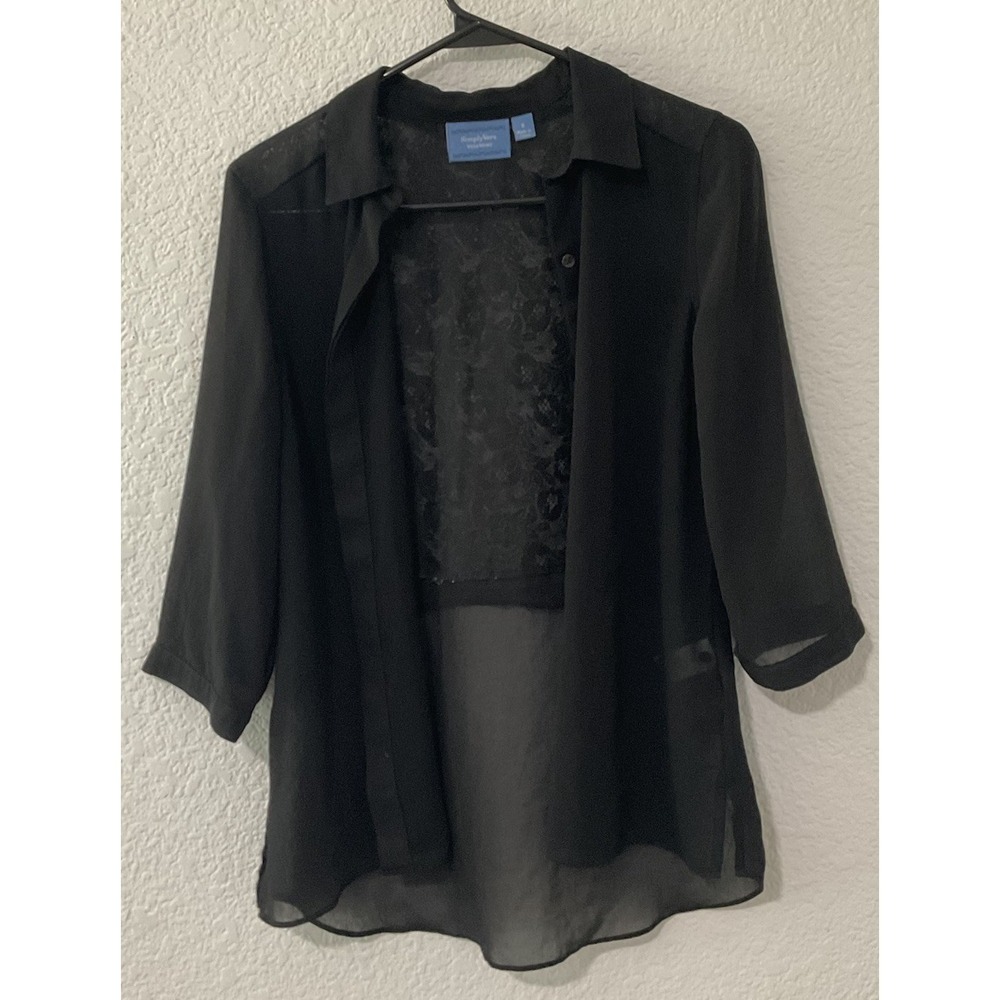 Simply Vera Vera Wang Sz S Black Chiffon Lace Blouse 3/4 Sleeve Top Sheer